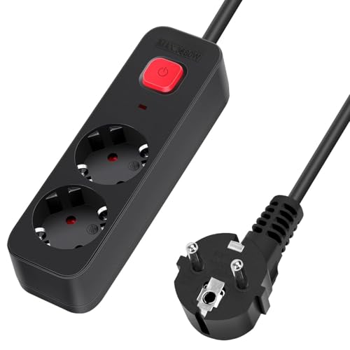 Regleta - regleta de 2 vías con Interruptor, 1,5 m, 3G, 1,5 mm², Color Negra, Ideal para múltiples Dispositivos eléctricos
