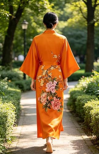 Image of Women's Classic 100% Silk Kimono Robe, Bathrobe-Printed Pattern