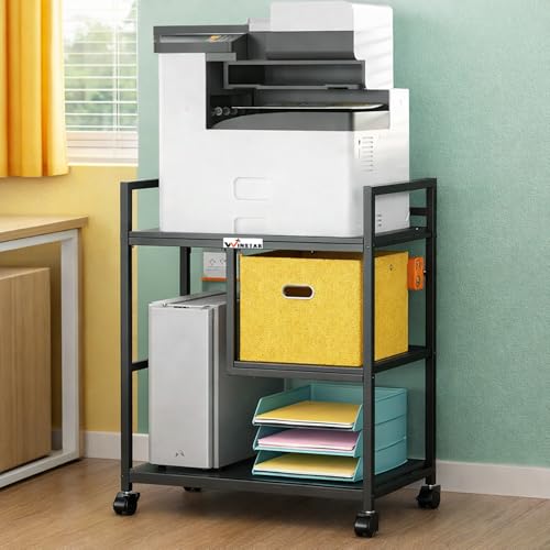 Image of WINSTAR Large Printer Stand with Storage Shelf for Home Office Organization | Made in India Printer Table on Wheels, Shredder & CPU Stand, Rolling Cart for Computer (Black, Split Shelf-31x24x18 in)
