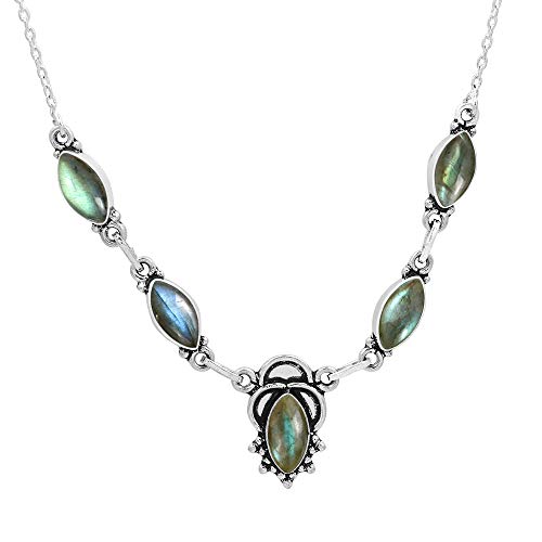 925 Silver Plated Natural Labradorite Marquise Shape Gemstones Necklace for