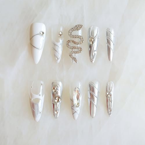 GLORS Luxury Long Almond Press-On Nails, White and Silver Rhinestone