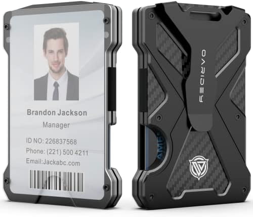 Minimalist Wallet for Men- Slim Aluminum Metal Money Clip Wallet with Clear ID Card Holder, Carbon Fiber Wallet, RFID Blocking,Holds up 15 Cards with Cash Clip,Ultra-Thin Tactical Wallet-Black