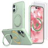【強化フィルム2枚付き】HCXLYP iPhone 16 ケース Magsafe対応 スタンド付き マグネット搭載 ワイヤレス充電 耐衝撃 マット感 半透明 指紋防止 アジャスタブルスタンド アイフォン16 カバー アボカドグリーン