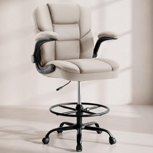 Image of Drafting Chair 500Lbs, Tall Office Chair for Standing Desk, High PU Leather Executive Office Chair with Flip-up Armrests, Ergonomic High Chair with Adjustable Foot Ring, Comfy Stool Chairs, Beige