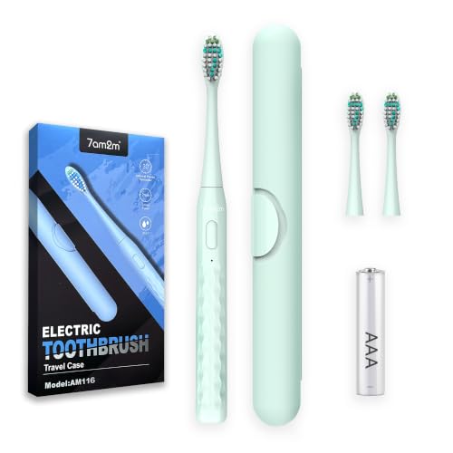 Image of 7AM2M Sonic Travel Electric Toothbrush for Adults & Kids, Travel Case&2 Brush Heads, Battery Powered Sonic Toothbrush, Compact Design for Daily /Travel Use-Green