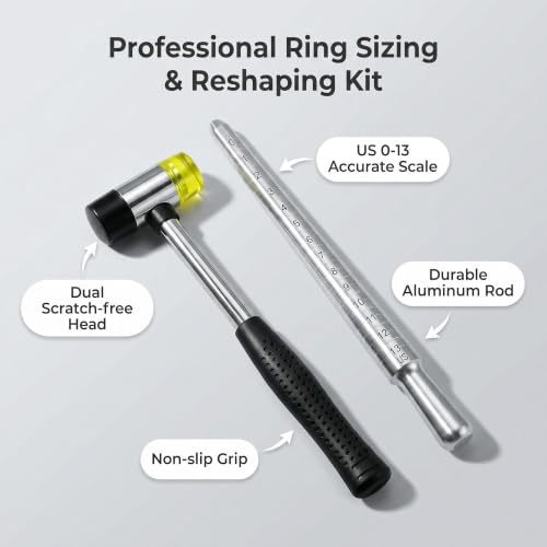 Image of Bflaae Ring Sizer Measuring Tool Kit, Solid Ring Mandrel and Rubber Mallet for Ring Repair and Measurement, 2 PCS