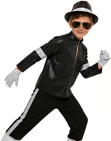 Okbebe Kids Dance Star Costume Halloween 80s 90s Pop Stage Party Outfits for Boys (Black L) - 2