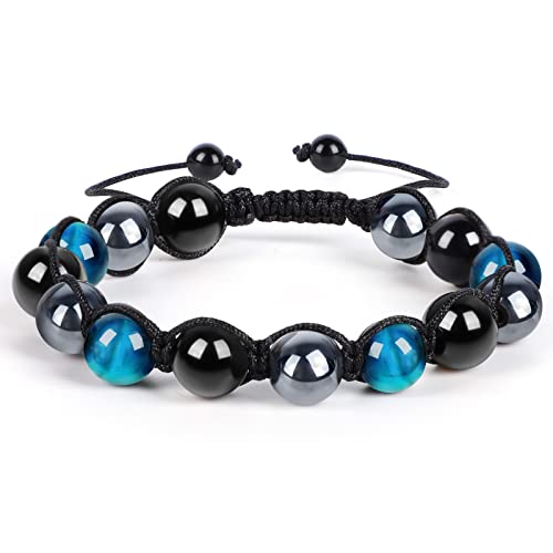 Enjoy Risingsun Tiger Eye Bracelet men women Triple Protection Hematite Black Obsidian Tiger Eye Bracelet for Men Women Stone 10mm Bead Crystal Healing Bracelet, Anti-anxiety Bracelet