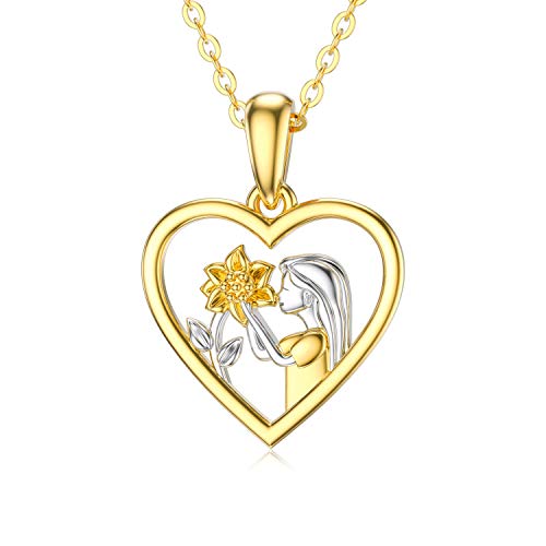 14K Solid Gold Heart Sunflower Necklace, You Are My Sunshine  Gold Sunflower and Girl Heart Pendant Necklace Jewelry Love Gift for Women, Sisters, Teens, 18 inch