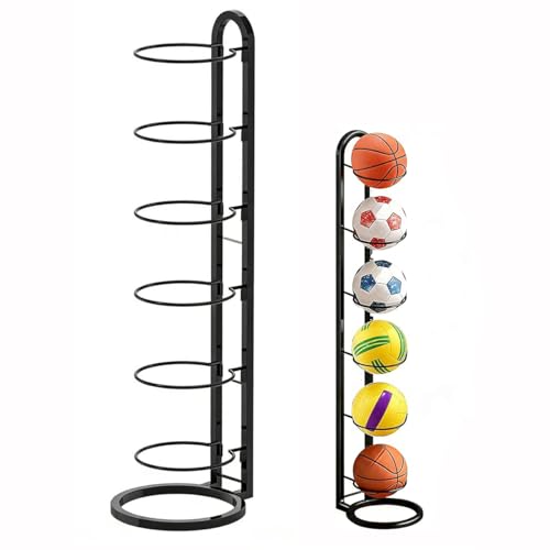 Senaire Football Stand Metal Vertical Ball Stand Organizer Holder for Basketball Football Soccer Volleyball Rugby Space-Saving Removable Ball Storage Rack for Garage Bedroom Gym (Black 6 Tier)