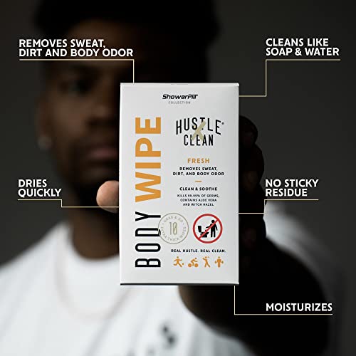 Hustle Clean Body Wipes 9''x8'', Disposable Bathing Wipes For Adults, No Rinse, With Aloe Vera & Vitamin E, Fresh Scent, 40 Individually Wrapped Wipes (Expires 10/28) — view 3