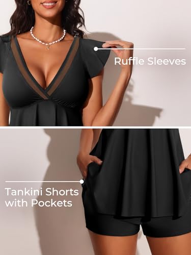 Summer Mae Women's V-Neck Tankini Swimsuits 2025 with Ruffle Sleeves Tummy Control Boyshorts Bathing Suits with Pockets3