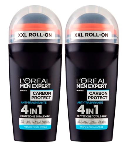 L'Oréal Paris Men Expert Carbon Protect Deodorante Roll-On Anti-Traspirante 4in1 Protezione 48h Contro Cattivi Odori Umidità con Testina XXL Profumo Fresco Intenso - 2 Flaconi da 50ml