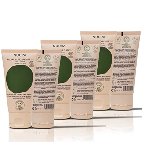 NUURA - Protector Solar Facial Mineral con Color Ecológico - SPF 50+ UVA/UVB/IR - Vegano, Cruelty Free, Ocean & Reef Respect - Para Pieles Sensibles, 50 ml [Pack de 3]