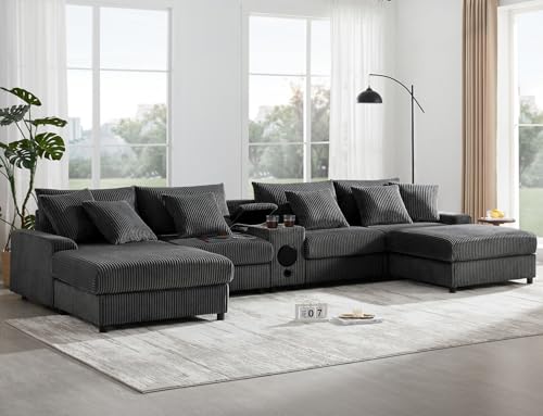 Image of Merax 6 Seater Corduroy Sectional Modular Couch Sofa w /Bluetooth Speakers, U Shaped Deep Seat Cloud Comfy Couches Sofa w /Console, USB Charger, Cup Holders, Storage, Ottoman Chaise for Living Room