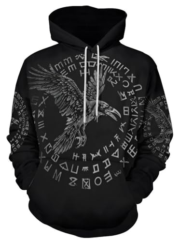 JooMeryer Men's Viking Totem 3D Print Long Sleeve Hoodies Pullover Sweatshirt, Z - Raven Runes, 4XL