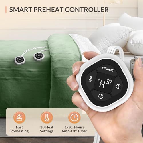 Image of HOMLYNS LuxeHeat Heated Blanket Electric Blanket Queen Size, Soft Flannel Sherpa Heating Blanket with 10 Heat Settings, 1-10 hrs Timer Auto Shut Off (84x90 inches, Green), Only for 120V Voltage Use