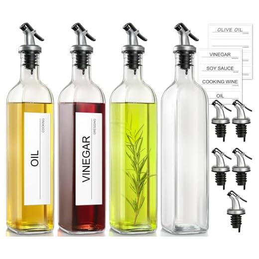 GMISUN Olive Oil Dispenser Bottle, Oil Dispenser Bottle for Kitchen, Cooking Oil and Vinegar Dispenser Set 4Pack, Glass Oil Container Cruet-Oil Pourer Spout, Funnel & Labels, Clear for Oil, Vinegar