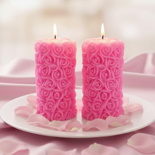 Image of Rose Pillar Candle, Pink Colour with Spiced Musk Fragrance, Smokeless Designer Decorative Candle Set for Home Decor, Diwali & Festive Gifting (5.5 x 10.5 cm, 12hrs)