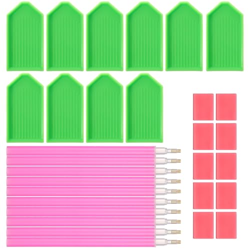 Ymapinc 30Pcs Diamond Art Pens Tools with 10 Drill Pen, 10 Tray & Glue Clay, Diamond Art Accessories Pens for Kids Adults DIY Crafts Gem Painting Tool Kit (Red, Pink, Green)