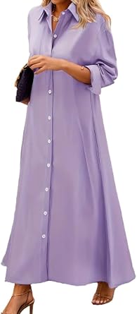 TIAFORD Womens Casual Loose V Neck Shirt Dress Long Sleeve Button Down Solid Maxi Dresses Irregular Flowy Shift Dress