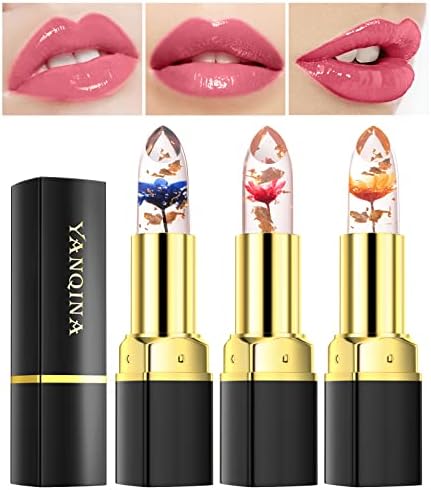 paminify Jelly Clear Crystal Flower Magic Lipstick,Color Changing Lipstick with Flower inside,PH Temperature Color Change Tinted Lip Balm Nourishing Moisturizing Lip Stick labial magicos 3Pcs