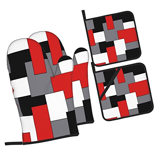 Bokekang Red Black Grey White Oven Mitts And Pot Holders Sets Of 4 Grey Geometric Kitchen Mitts Heat Resistant Oven Gloves Set Red Grey Potholders For Kitchen Baking Grilling Bbq #TOP1