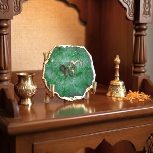 Image of Ik Onkar Metal Holder with Green Agate Showpiece | Spiritual Home Decor | Sacred Symbol Display | Green Stone Accent | Meditation Space Decoration | Meaningful Gift Choice
