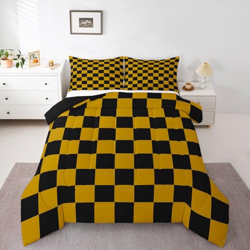 Feelyou Checkered Bedding Set Teen Women Men Yellow Black Plaid Comforter Set Full Size Kids Boys Girls Cute Retro Neutral Checkerboard Geometric Duvet Insert Vintage Aesthetic Room Decor