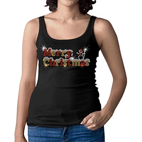 Merry Christmas Snowman Rhinestone Ladies Vest Tank Top - Diamante Design - Xmas Party Design - Size 6 to 16 (12-14 X-Large) Black Cover