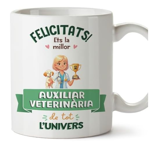 MUGFFINS Tazas para AUXILIAR DE VETERINARIA mujer - En Catalán - Millor Univers Trofeu - 11 oz / 330 ml - Regalo original y divertido