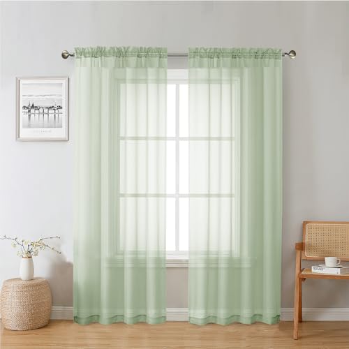 Lecloud Light Green Sheer Curtains 72 Inches Long 2 Panels, Soft Voile Light Filtering Curtains for Living Room, Rod Pocket Lightweight Drapes for Bedroom Dinning Room, Each Panel 42 X 72 Inch