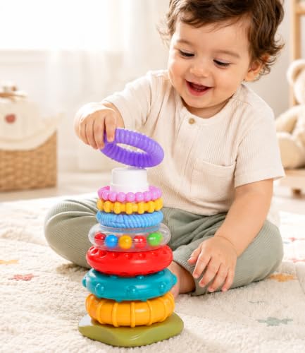 Image of Intellibaby Multi-Sensory Ring Stacker for Babies 6+ Months, 8 Colourful Textured Rings, Easy Grip Stacking Toy, Sensory Play, Fine Motor Skills, Colour Recognition, BIS Certified, Ideal Gift
