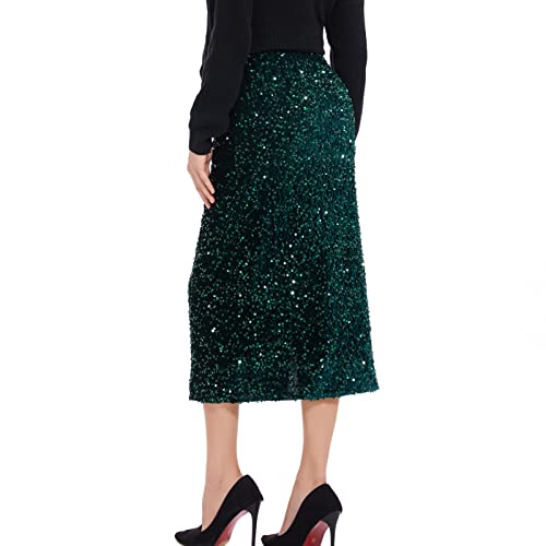Dwirapal Women’s Sequin Velvet Skirt Elastic High Waist Sparkle Split Hem Night Out Party Maxi Skirt #TOP3