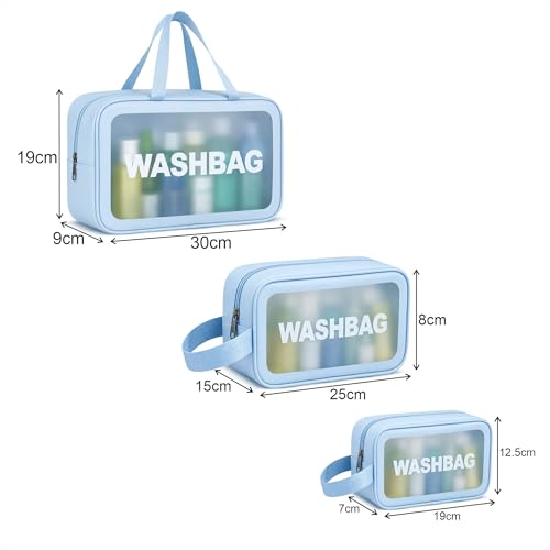 Image of FLYNGO Pvc Clear Makeup Pouch Set, Cosmetic Organizer Bag for Women and Girls Travel Waterproof Toiletry Storage Kit (Set of 3 Light Blue)