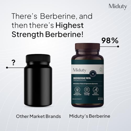 Image of Miduty High Strength Berberine HCL 98% For Metabolism & Blood Sugar Control- Diabetic and Pre-Diabetic Care - Stop Sugar Cravings | 30 Veg Capsule