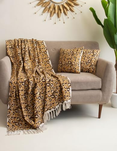 Image of Cotton Sofa Throw Blanket with 2 pcs Cushion Covers Lightweight Decorative Couch & Bed Bagru Print Throws (Pack of 3, Leopard Print)