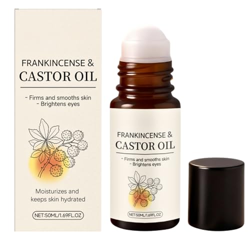 Frankincense and Castor Oil Rose Quartz Roller, Organic Castor Oil Cold- Pressed, Organic Castor Oil Roll On Face & Body, Firms, Smooths Skin, Reduces Wrinkles, Dark Circles & Puffiness