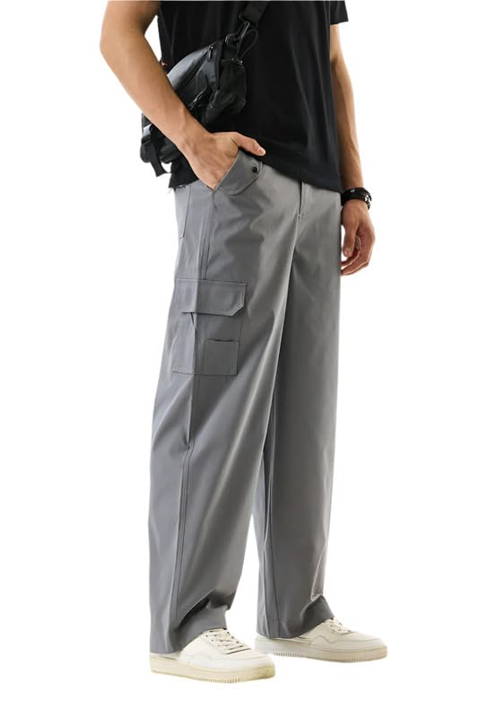 Image of SNITCH Men Cargo Pants | Relaxed Fit Wide-Leg Utility Wear | 100% Polyester with Herringbone Texture & Multiple Utility Pockets | Durable Design for Casual & Everyday Wear