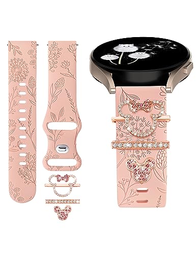 W-RARA Blumen-Gravur-Armband, kompatibel mit Samsung Galaxy Watch 4 & 5, 40 mm, 44 mm, Silikon-Blumenmuster, ausgefallene Armbänder für Watch 5 Pro/Watch 4 Classic/Watch 3 41 mm/Active 2 Damen