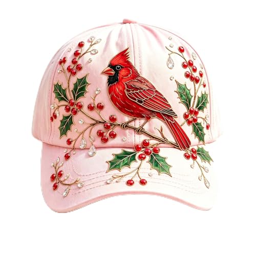 Women's Floral Baseball Cap with Bee Embroidery, Cream, Outdoor Garden Hat for Travel and Gardening (Pink - Cardinal)