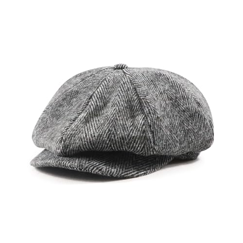 Unisex Wool Blend Newsboy Cap, Herringbone Tweed 8 Panel Ivy Gatsby Hat, Irish Cabbie Flat Cap, Adjustable Warm Driving Hunting Winter Headwear for Men Women Grey