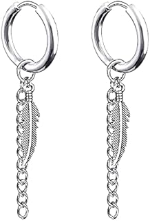 Zeayebsr Feather Punk Hoop Earrings Stainless Steel Leaf Huggie Stud Earrings Hinged Unisex Piercing Jewelry 1 PAIRLong Chain Dangle EarringsFeather Silver 1 Pair