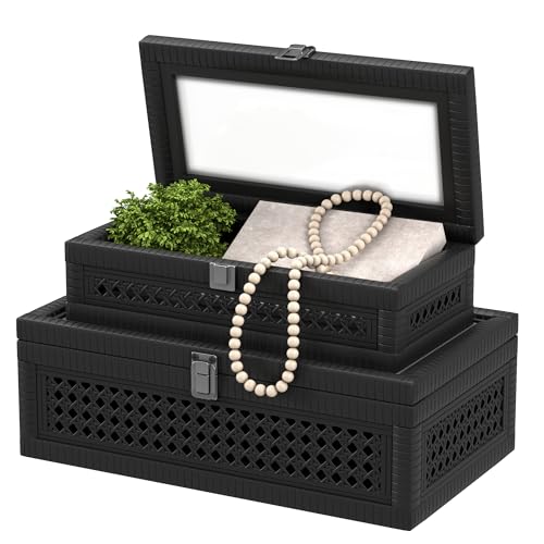 Fllamo Rattan Decorative Box,Boho Display Boxes with Lids,Set of 2