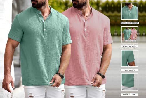Image of Zombom Men's Polycotton Solid Short Kurta | Regular Fit | Half Sleeve | Mandarin Collar | Lightweight Casual Wear for Daily, Summer Comfort & Smart Look