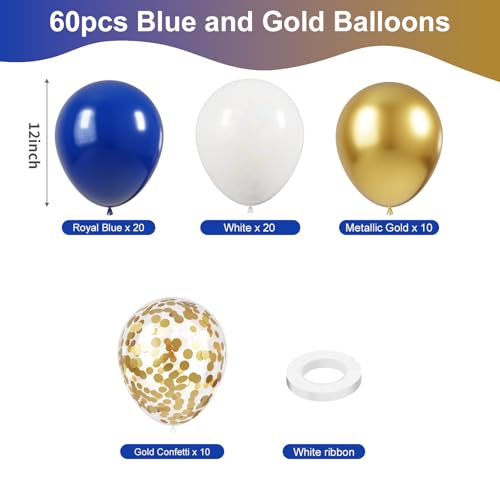 Image of KBZVNAF Royal Blue Gold White Balloons - 60 Pack 12 inch Metallic Gold Confetti Latex Party Balloons for Birthday, Baby Shower, Wedding, Graduation Party Decorations