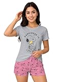 The Peanuts Snoopy Schlafanzug für Damen - Happiness Pyjama Set Kurzarm Oberteil mit Shorts Grau/Rosa (DE/NL/SE/PL, Alphanumerisch, XL, Regular, Regular)
