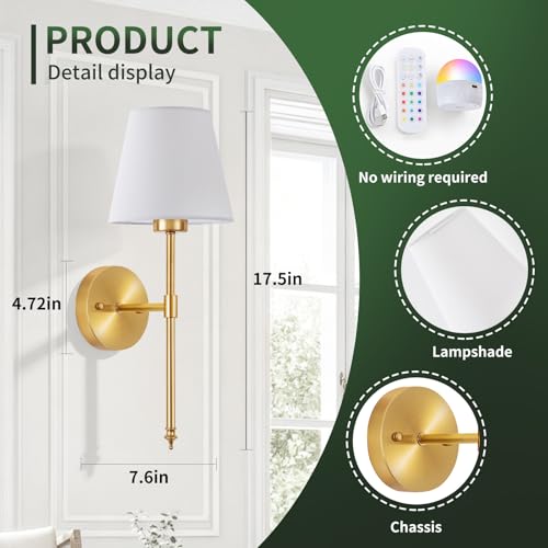 Image of Battery Operated Wall Sconces Set of 2, Wireless Battery Wall Light with 5200mAh Dimmable Bulbs with Remote,RGB15 Colors Wireless Wall Lamps for Bedroom Living Room Hallway Decor-Brass Gold