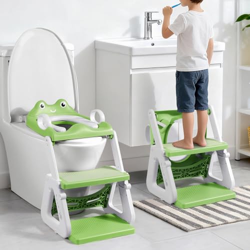 Orzbow Frog Potty Training Seat, Toddler Toilet Seat with Step Stool Ladder, 2-in-1 Potty Training Toilet Essentials for Boys Girls, Adjustable Height, Non-Slip Step and Splash Guard Design, Green