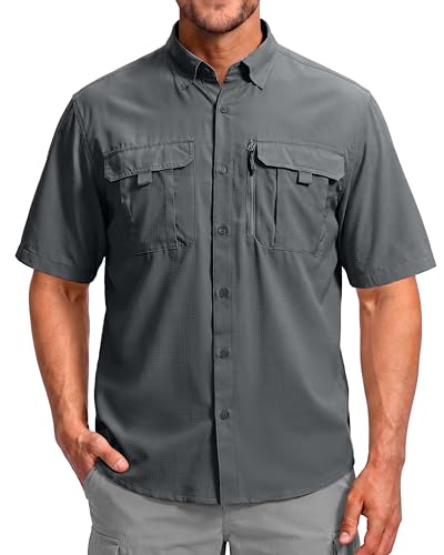 BETBO Men's Short Sleeves Fishing Shirts Button Down Summer Travel Work Shirts with Zipper Pockets(Dark Grey, Small)